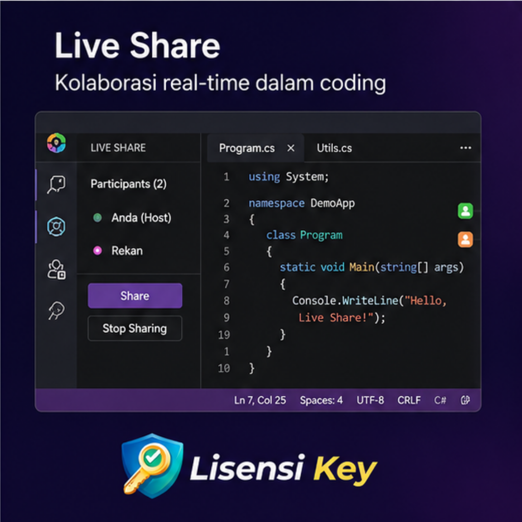 Tampilan sesi kolaborasi Live Share di Visual Studio 2019 - Lisensi Key Tampilan sesi kolaborasi Live Share di Visual Studio 2019